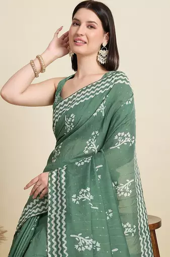 green cotton printed saree with blouse