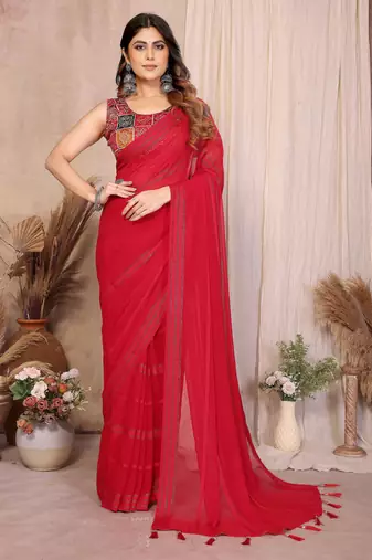 red georgette silk blend kaju patta pattern saree with foil print banglory blouse & pallu latkan  rich tone color