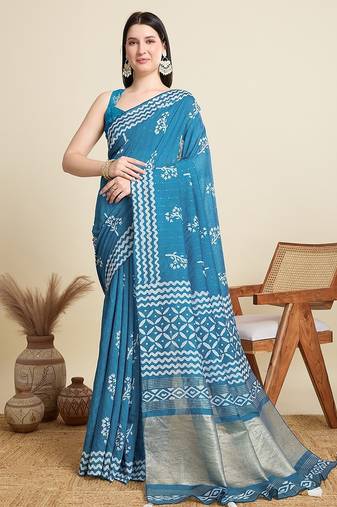 blue cotton printed saree with blouse