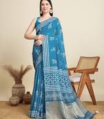 blue cotton printed saree with blouse