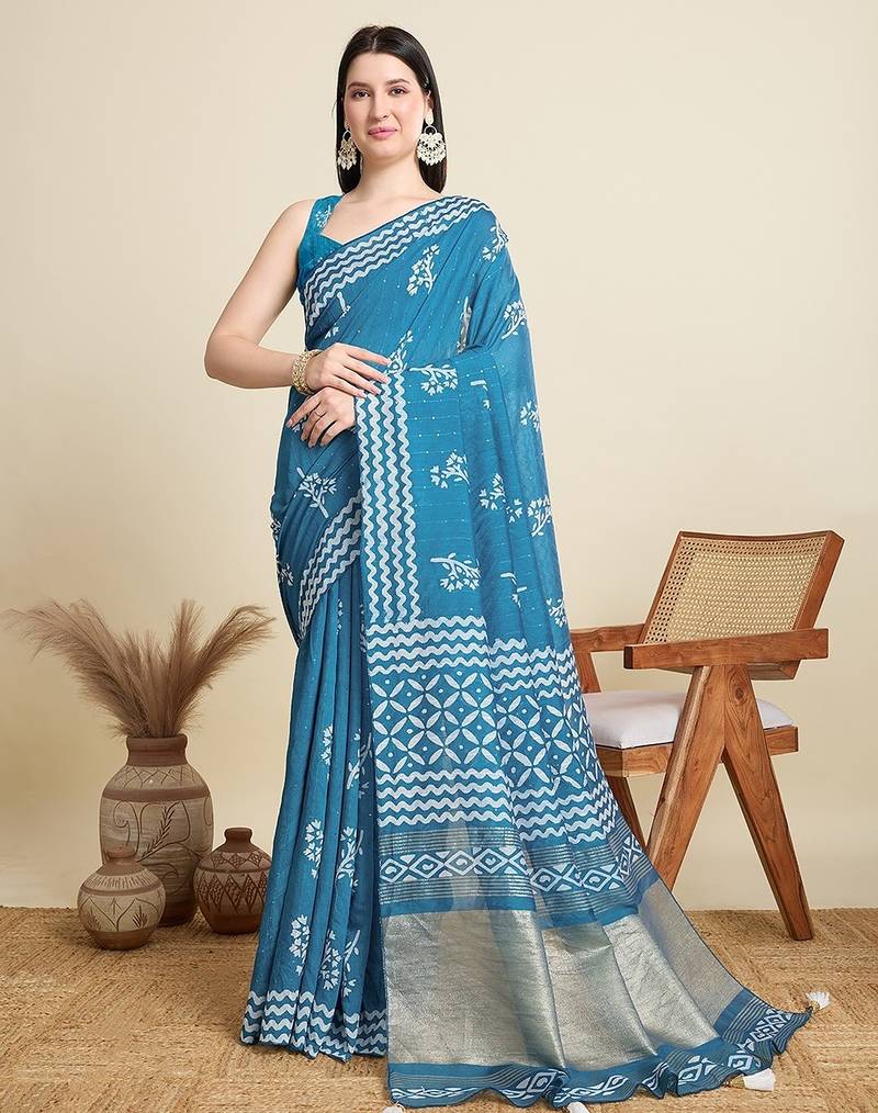 blue cotton printed saree with blouse
