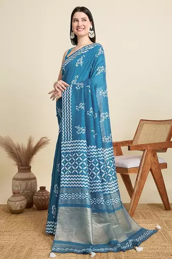blue cotton printed saree with blouse
