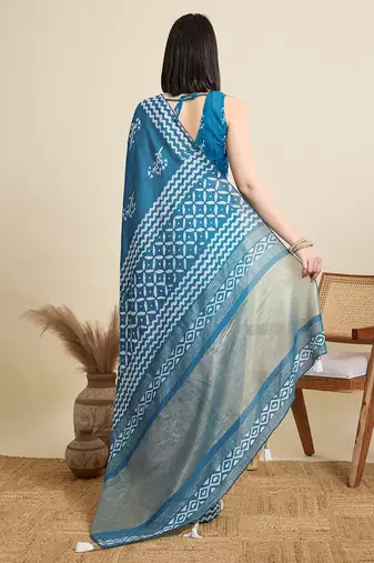 blue cotton printed saree with blouse