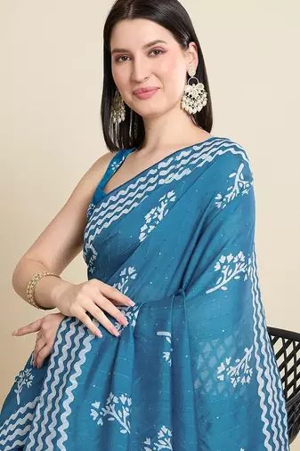 blue cotton printed saree with blouse