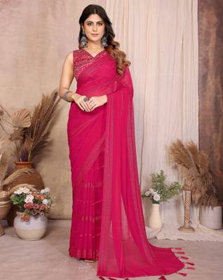 pink georgette silk blend kaju patta pattern saree with foil print banglory blouse & pallu latkan  rich tone color 1