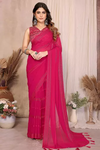 pink georgette silk kaju patta pattern saree with foil print banglory blouse & pallu latkan     rich tone color