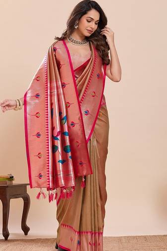 beige silk blend printed saree with blouse