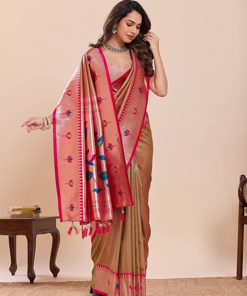 beige silk blend printed saree with blouse