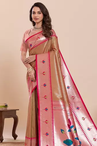 beige silk blend printed saree with blouse