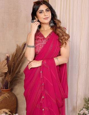 pink georgette silk blend kaju patta pattern saree with foil print banglory blouse & pallu latkan  rich tone color 3