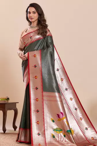 green silk blend printed saree with blouse