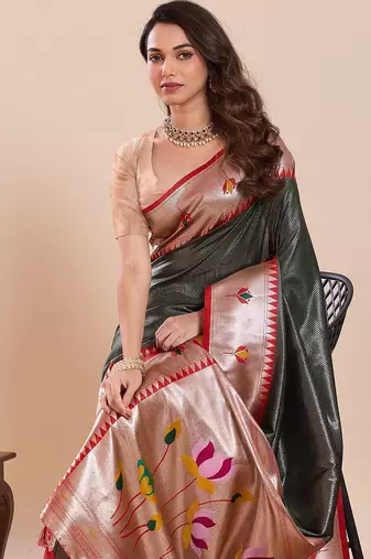 green silk blend printed saree with blouse