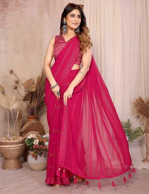 pink georgette silk blend kaju patta pattern saree with foil print banglory blouse & pallu latkan  rich tone color 5