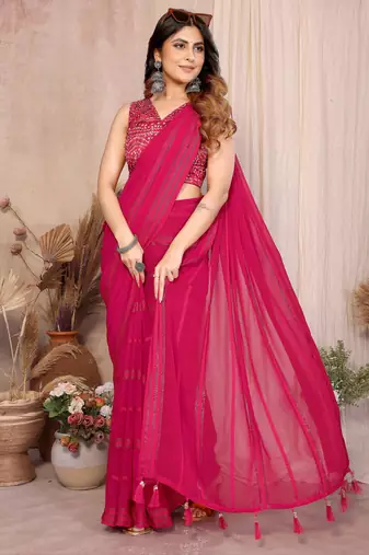 pink georgette silk blend kaju patta pattern saree with foil print banglory blouse & pallu latkan  rich tone color