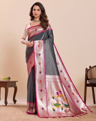 grey silk blend printed saree with blouse 1
