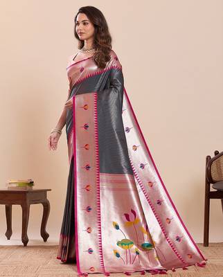 grey silk blend printed saree with blouse 2