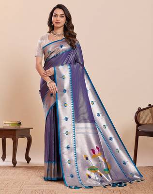 navy blue silk blend printed saree with blouse 1