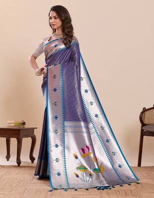 navy blue silk blend printed saree with blouse 2