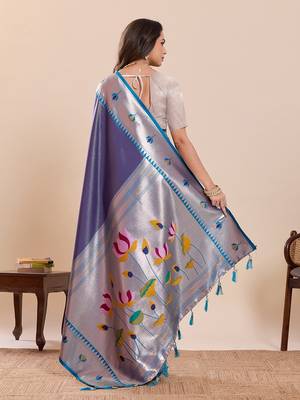 navy blue silk blend printed saree with blouse 3