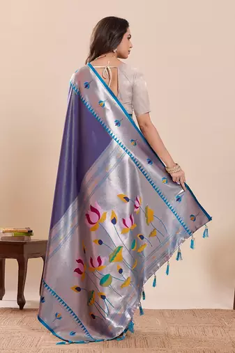 navy blue silk blend printed saree with blouse