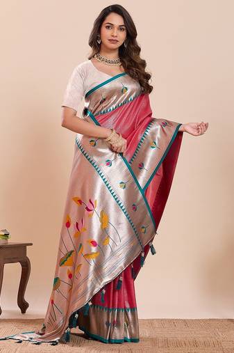 red silk blend printed saree with blouse