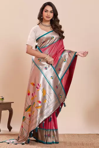 red silk blend printed saree with blouse