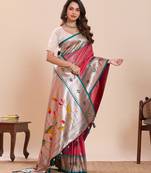 red silk blend printed saree with blouse