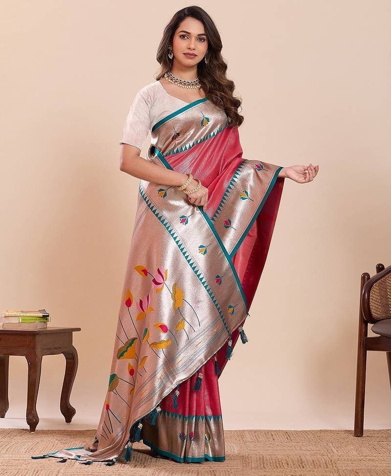 red silk blend printed saree with blouse