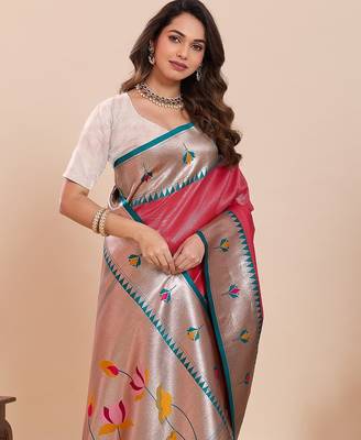 red silk blend printed saree with blouse 2