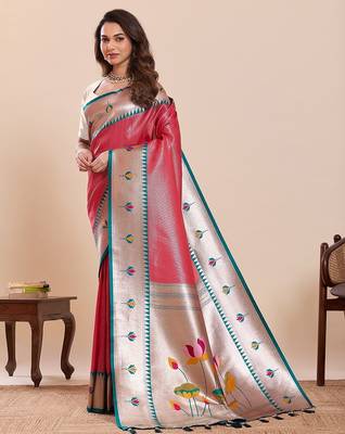 red silk blend printed saree with blouse 4