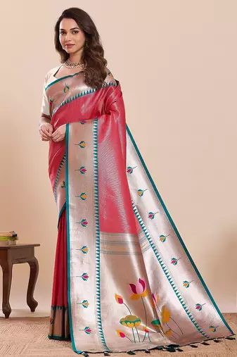 red silk blend printed saree with blouse