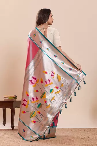 red silk blend printed saree with blouse