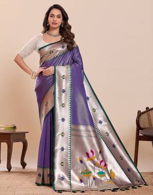 violet silk blend printed saree with blouse 1