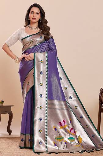 violet silk blend printed saree with blouse