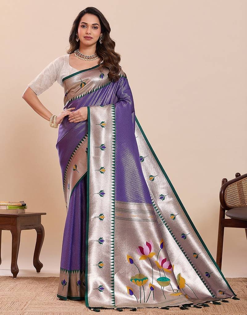 violet silk blend printed saree with blouse