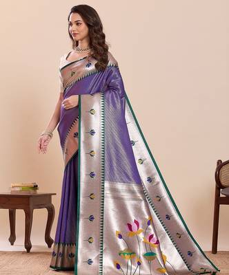 violet silk blend printed saree with blouse 2