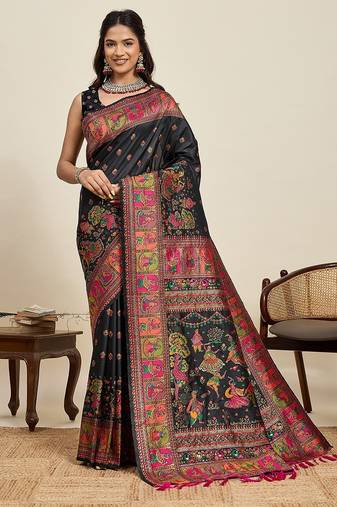 black silk blend blend printed saree with blouse