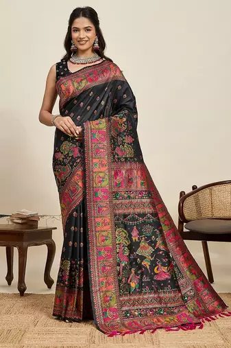 black silk blend blend printed saree with blouse