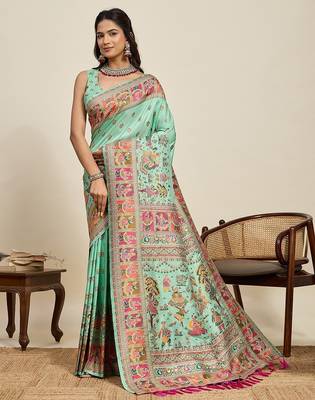green silk blend blend printed saree with blouse 1