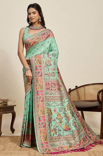 green silk blend blend printed saree with blouse