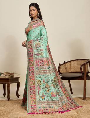 green silk blend blend printed saree with blouse 2