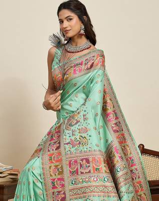 green silk blend blend printed saree with blouse 4