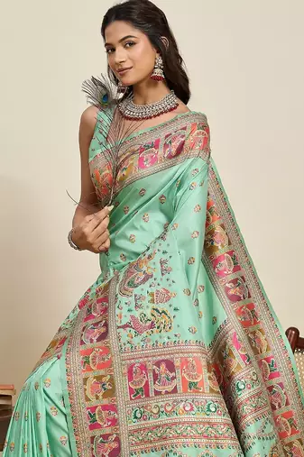 green silk blend blend printed saree with blouse