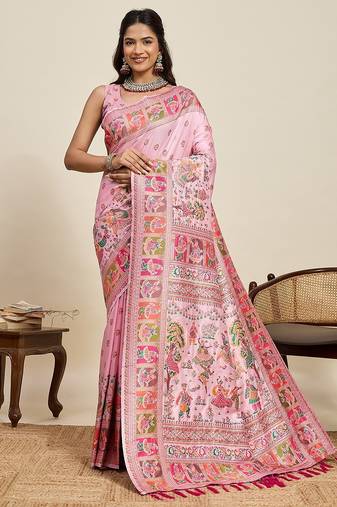 pink silk blend blend printed saree with blouse