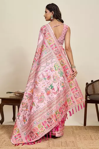 pink silk blend blend printed saree with blouse