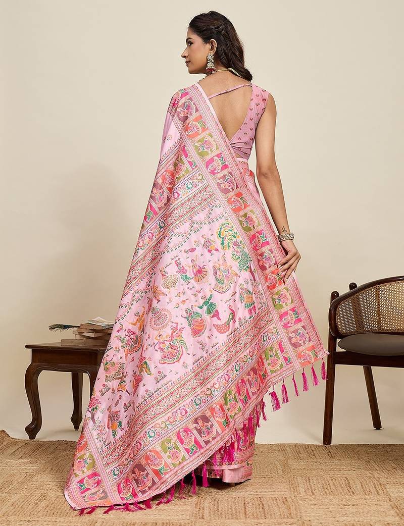 pink silk blend blend printed saree with blouse