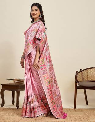 pink silk blend blend printed saree with blouse 3