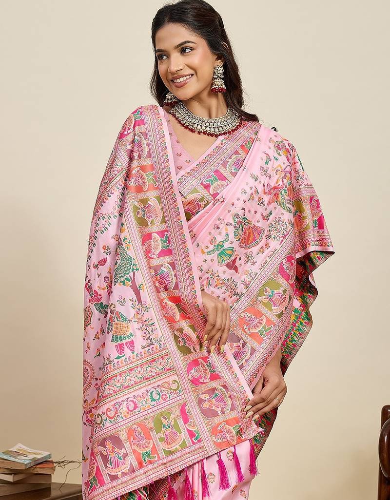 pink silk blend blend printed saree with blouse