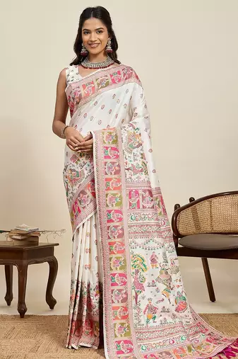 white silk blend blend printed saree with blouse