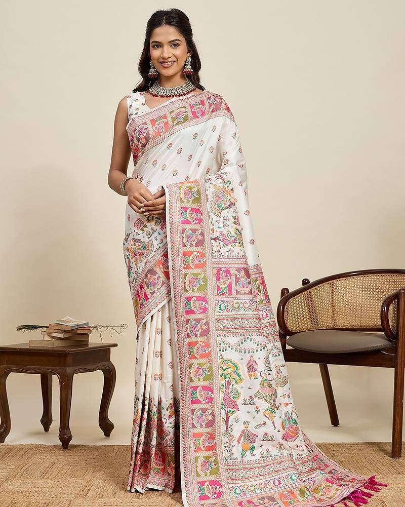 white silk blend blend printed saree with blouse